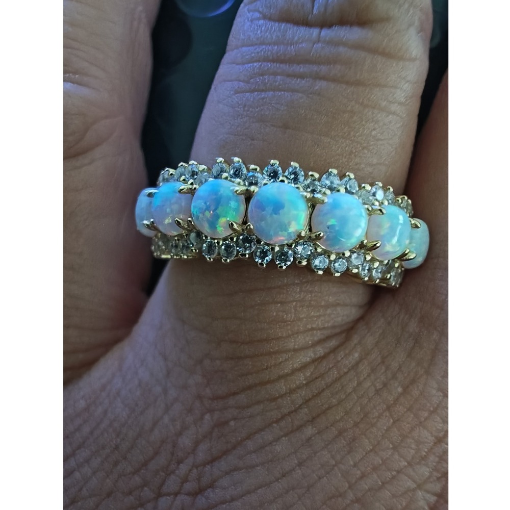 Ring 925 Sterling Silver White Opal Gold Tone Multi Stone Band Size 8 - Picture 4 of 6